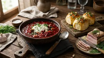 Классический домашний борщ с говядиной и чесночными пампушками