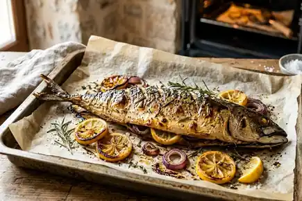Дорадо, запеченная целиком с розмарином и лимоном