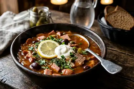 Традиционный рассольник с солеными огурцами и перловкой